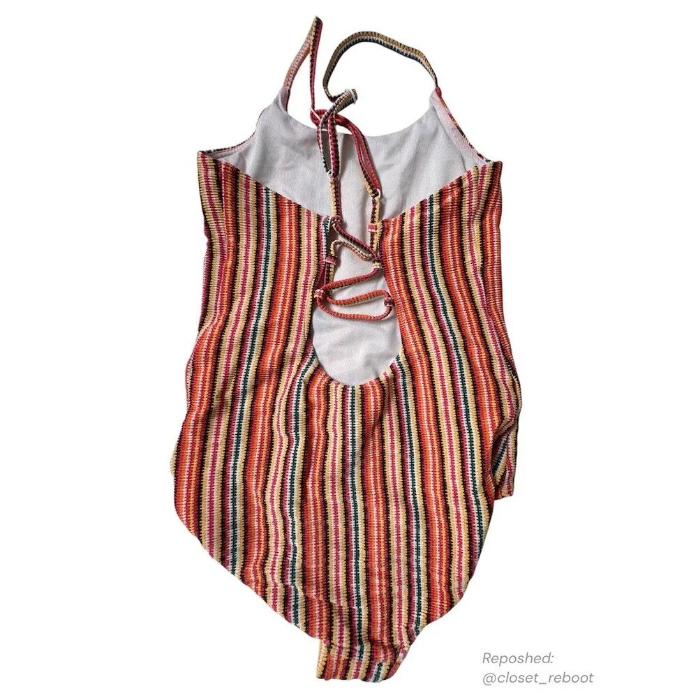 Seafolly Girls One Piece Swimsuit Size 12 Multicolor Striped Lace-Up Back